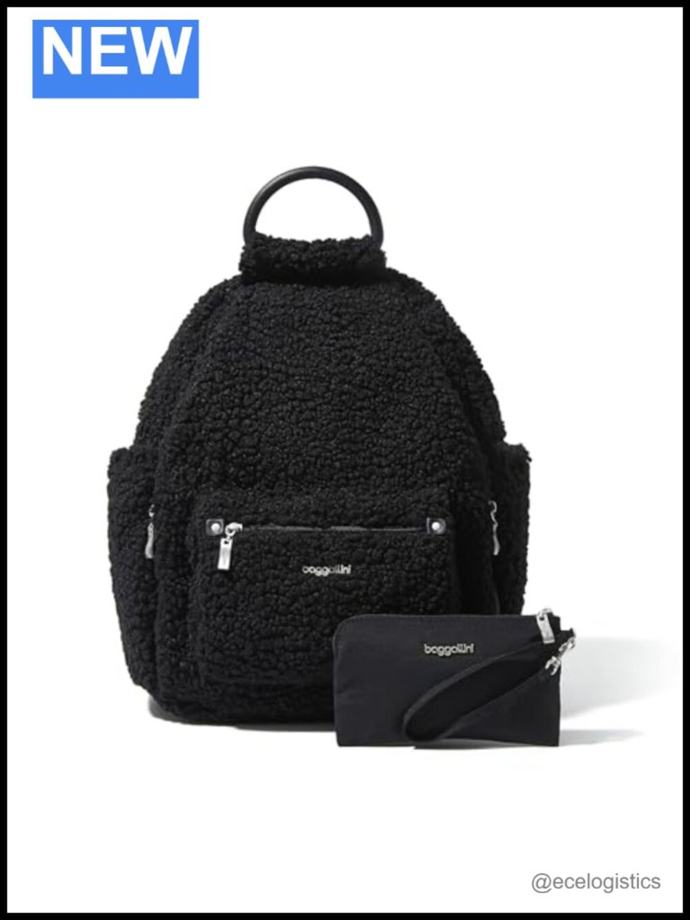 Baggallini All Day Backpack with RFID Phone Wristlet, Black Faux Shearling